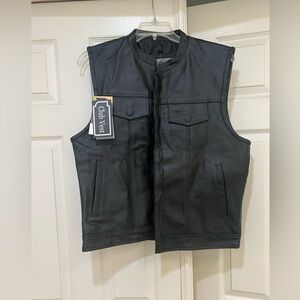Dream Apparel Black Leather Lined Motorcycle Biker Vest Preacher Collar‎ Size 46